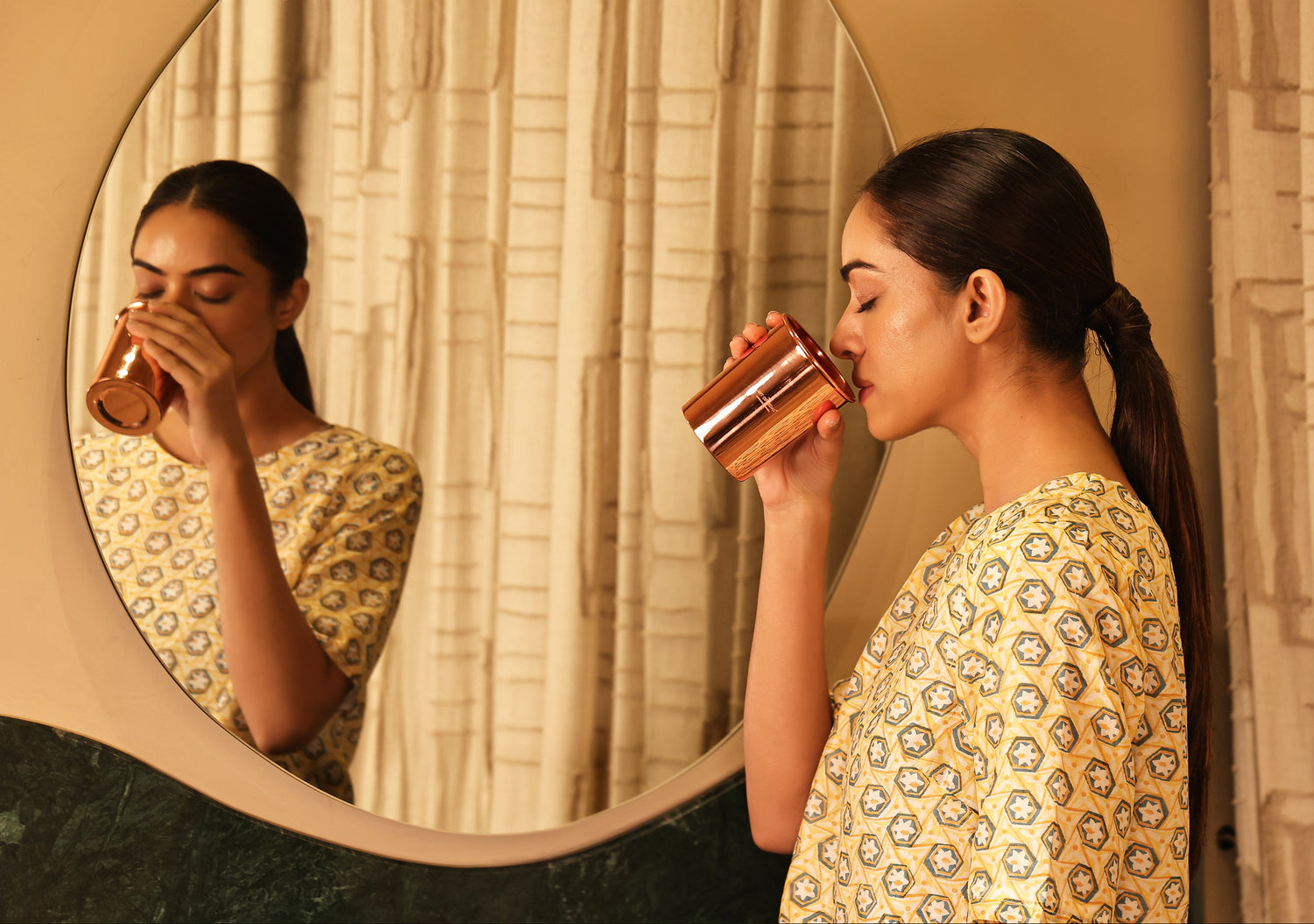 Art of Vedas Copper Glass Pure - Woman Drinking from Pure Copper Cup for Ayurvedic Water Purification and Health