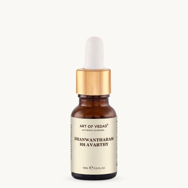 Art of Vedas Dhanwantharam 101 Avarthy 15ml, Thailam ayurvedico classico nella preparazione 101 Avarthy, tradizionalmente usato per Abhyanga